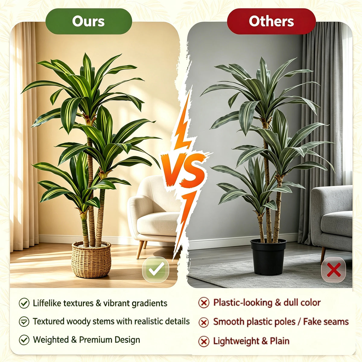 Artificial Dracaena Tree in Pot, 4 to 6 ft Faux Floor Plant