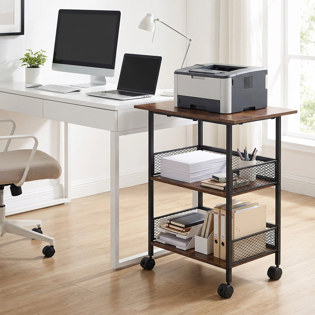 3-Tier Printer Stand with Storage Shelves, Mobile Heavy Duty Rolling Rack on Wheels for Large Printers, Black Industrial MDF and Iron, Home Office