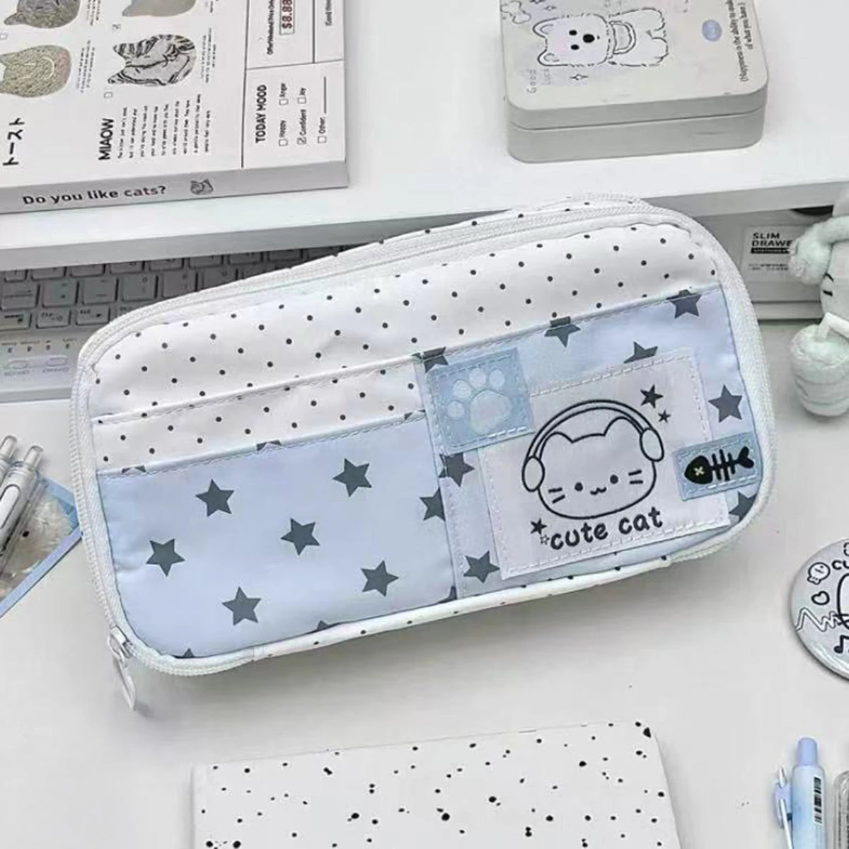 Cute Cat Polka Dot Pencil Case, Large Capacity Multi-Layer Pen Bag for School