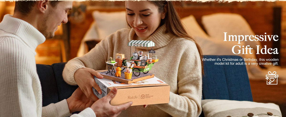 Rolife Wooden 3D Puzzle DIY Miniature House Kit Vienna Bookstore & Aromatic Coffee Cart Model Building Kit with LED Light for Home Decor Gift for Adults Teens