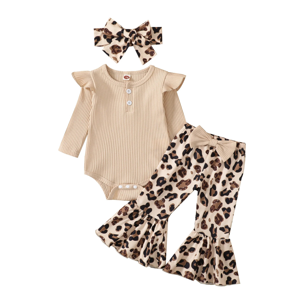 Infant Baby Girl Ribbed Fly Sleeve Romper with Leopard Flare Pants Outfit