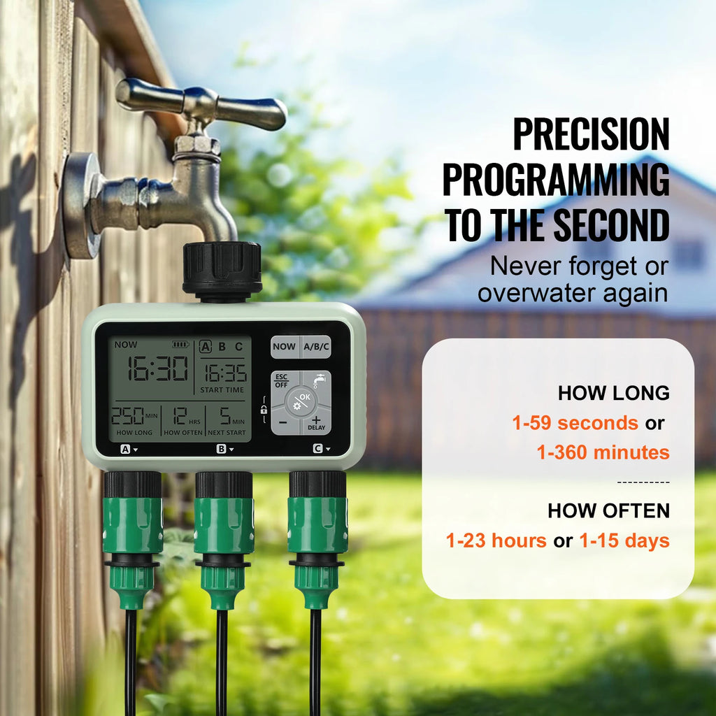 SucceBuy Water Timer 3 Outlets Hose 3 Independent Watering Zone LCD Display Rain Delay Mode Manual Mode Watering Sprinkler Timer