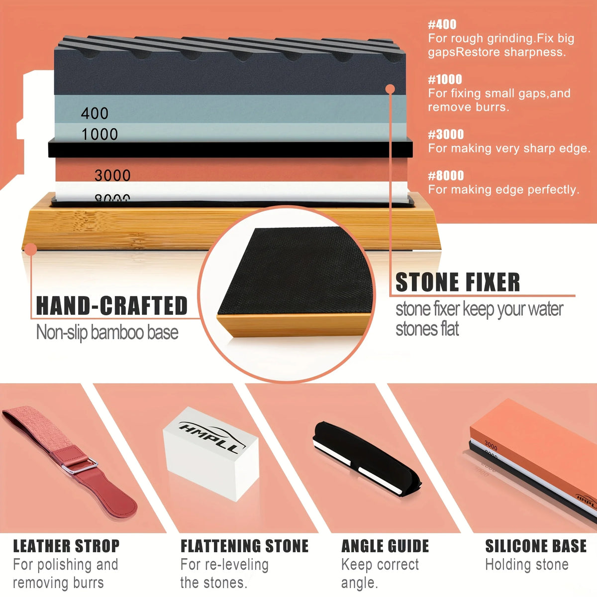 Professional Knife Sharpening Stone Set – 400/1000/3000/8000 Grit Whetstones, Bamboo Base, Angle Guide, Leather Strop