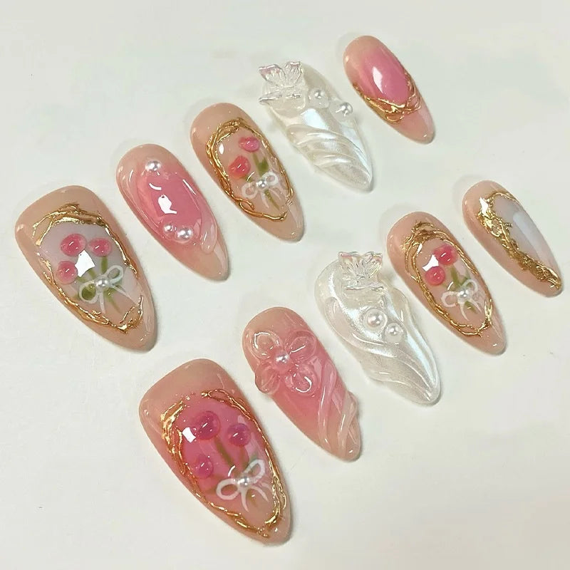 24Pcs Almond Press On Nails, Full Coverage False Nails (Random Style)