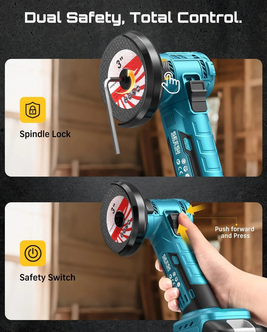 SEESII 3 Inch Brushless Angle Grinder 19000 RPM with 2pcs 21V 2.0Ah Batteries Cordless Mini Angle Grinder 7pcs Cutting Discs 210W Power Electric Grinder Tool for Metal Wood Polishing Rust Removal Repair Tool