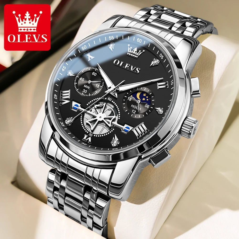 OLEVS Men's Skeleton Chronograph Watch with Moon Phase, Stainless Steel Quartz Wristwatch