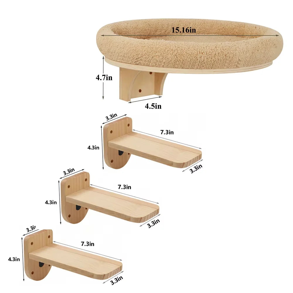 Wall-Mounted Wooden Cat Climbing Ladder with Hammock and Scratching Post