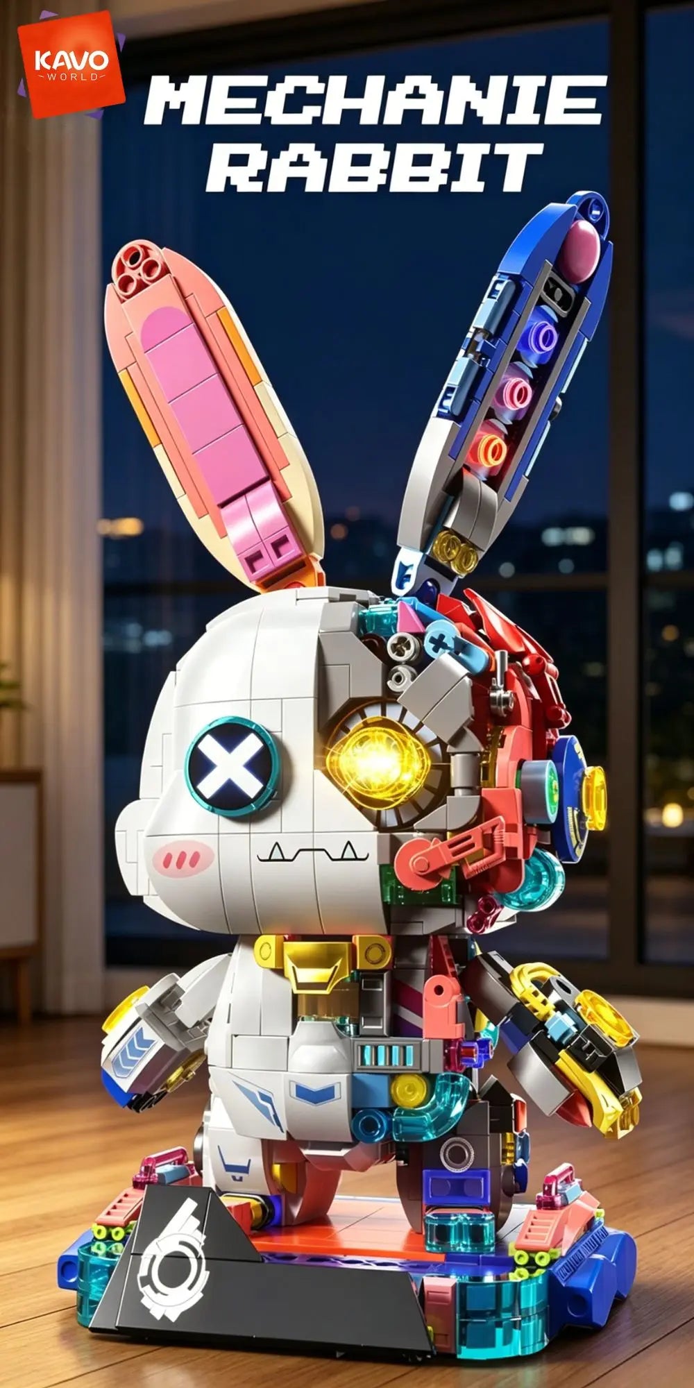 KAVOWORLD 1377PCS Robot Rabbit Building Blocks Set LED Light Up Multi-Point Rotatable Detachable Base DIY Cyberpunk Mecha Building Rabbit Bricks Kit Mechanical Bunny Construction Toy for Home Office Desk Decor Christmas Birth