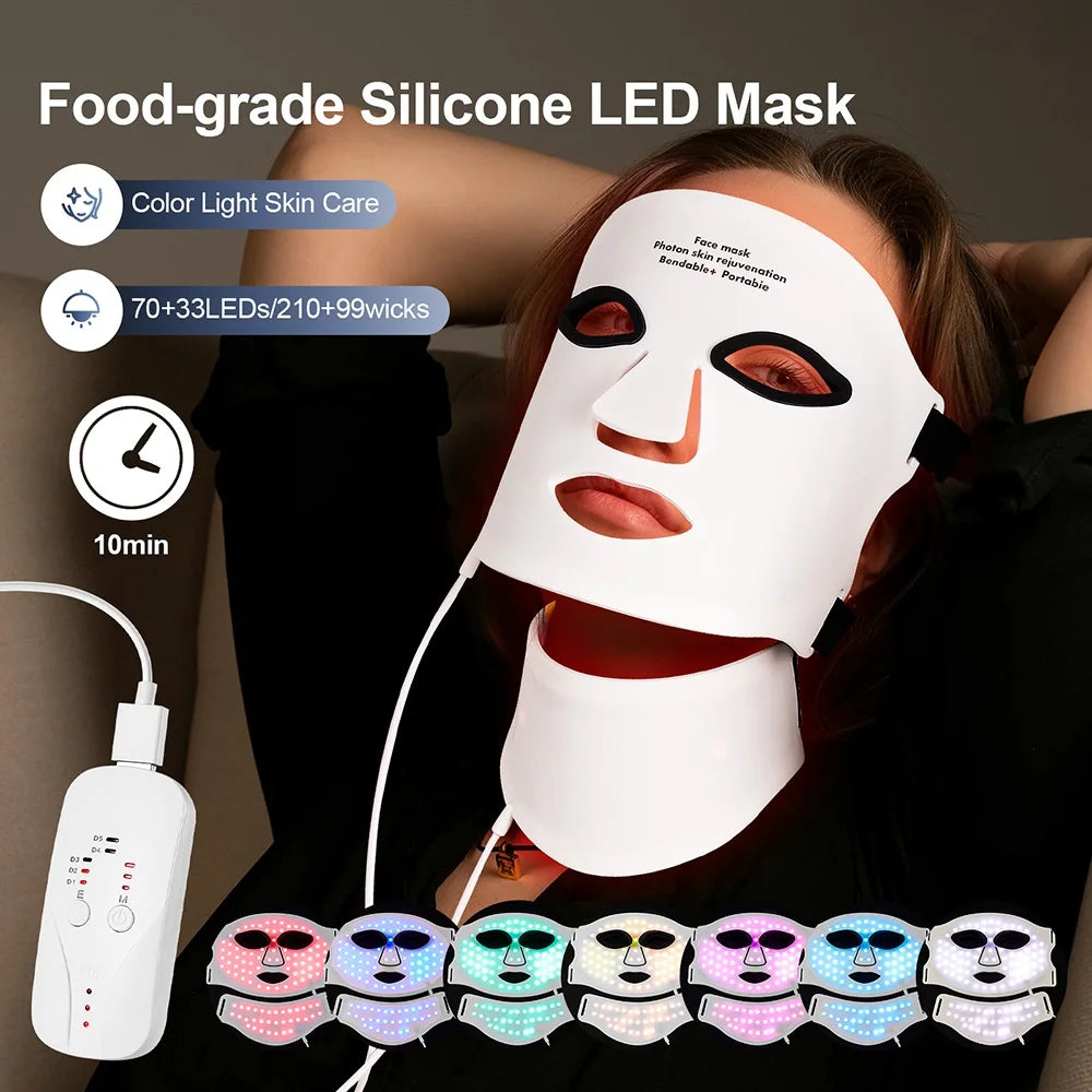 Silicone LED Face Neck Mask 7 Colors Red Light Infrared Photon Therapy Mask Flexible Wireless LED Beauty Mask for Skin Repair Rejuvenation Home Skin care
