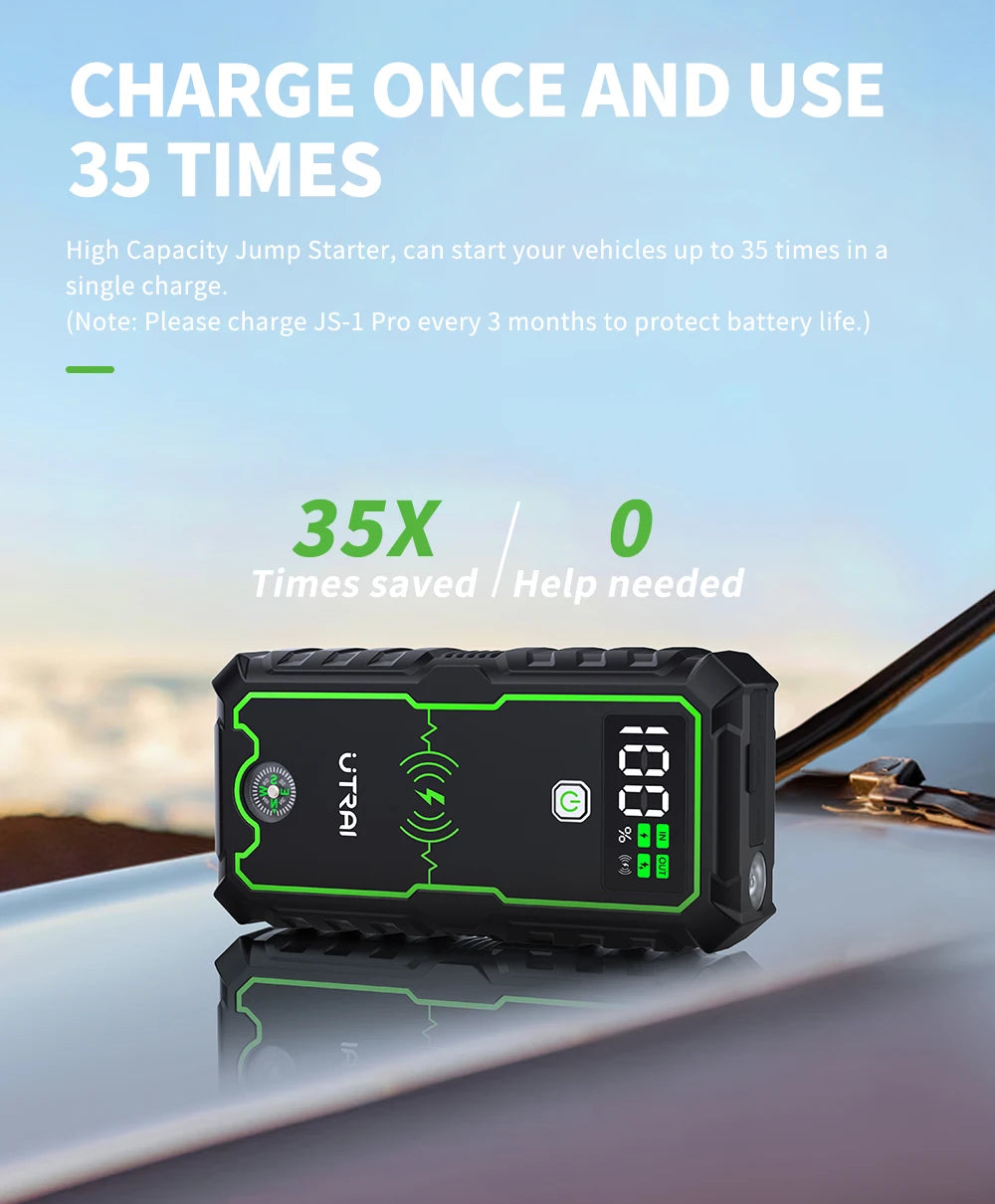 UTRAI Car Jump Starter 4000A Car Battery Starters 16000mAh Portable Power Bank 10W Wireless Charging Propulsion Booster For Car