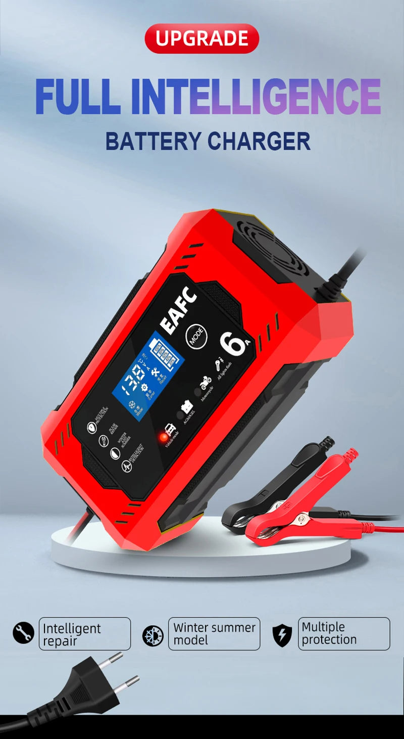 12V 6A Smart Car Battery Charger with LCD, Automatic Pulse Repair Charger for Car and Motorcycle