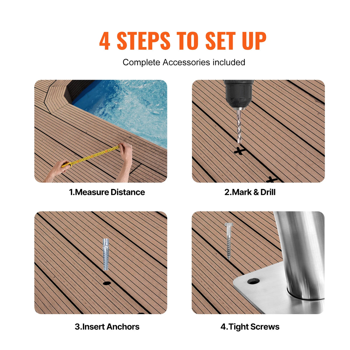 SucceBuy Pool Handrail Stainless Steel with Base Plate for Indoor/Outdoor Swimming Pool Safety Railing w/ Grip Cover for Decks