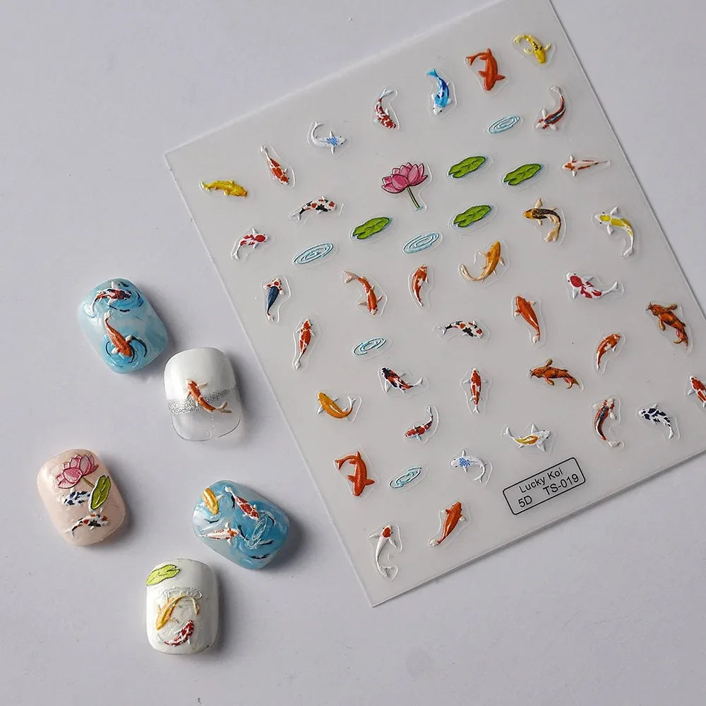 5D Koi Fish Nail Stickers, Green Lotus and Red Carp Nail Art Decals