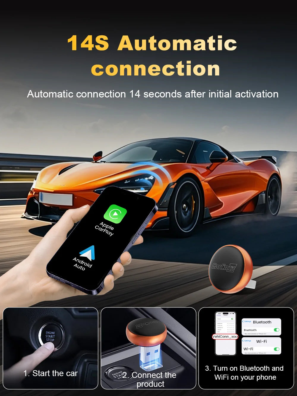 CarlinKit Mini Ultra 3 Wireless CarPlay and Android Auto Adapter, 2-in-1 Plug and Play