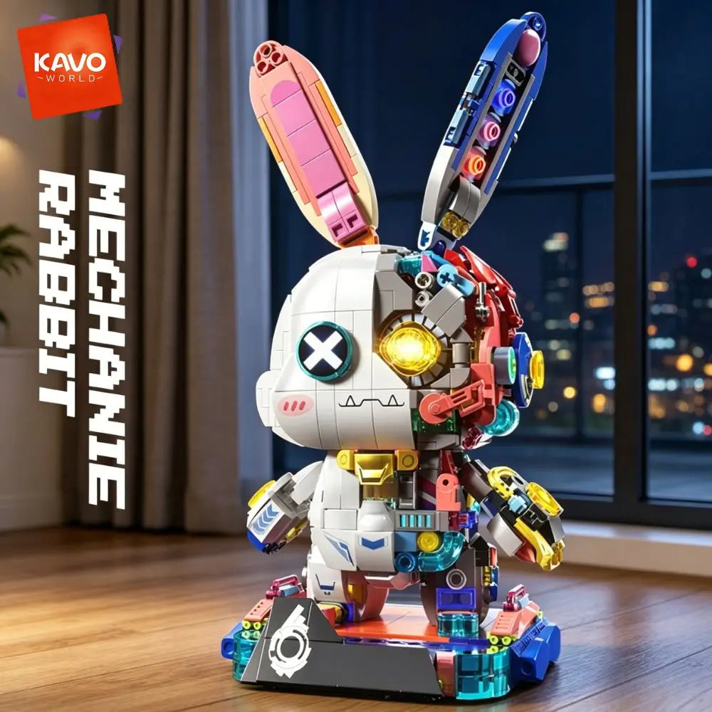 KAVOWORLD 1377PCS Robot Rabbit Building Blocks Set LED Light Up Multi-Point Rotatable Detachable Base DIY Cyberpunk Mecha Building Rabbit Bricks Kit Mechanical Bunny Construction Toy for Home Office Desk Decor Christmas Birth