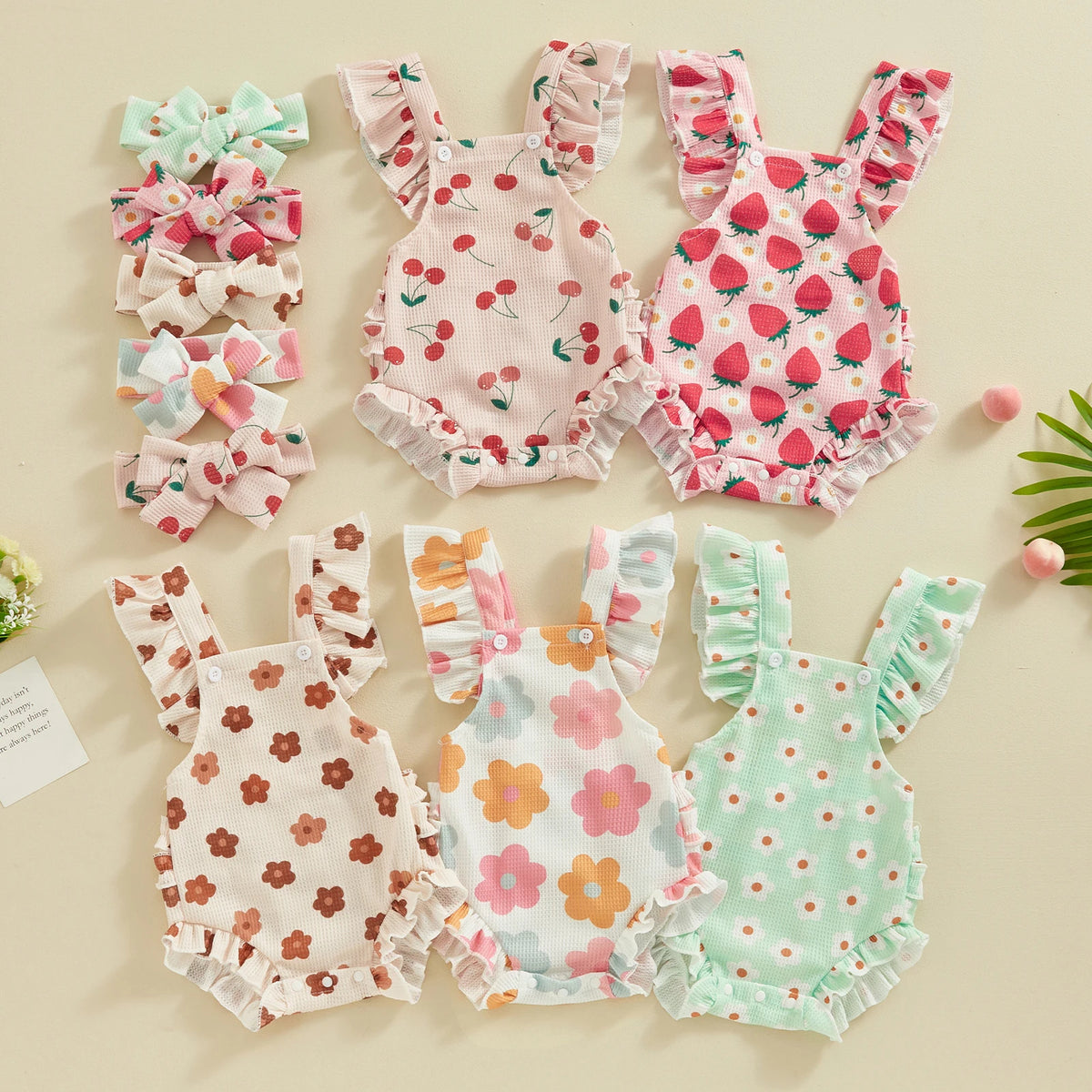 Summer Infant Baby Girls Bodysuit and Headband Flower Print Fly Sleeve Jumpsuit Casual Clothes