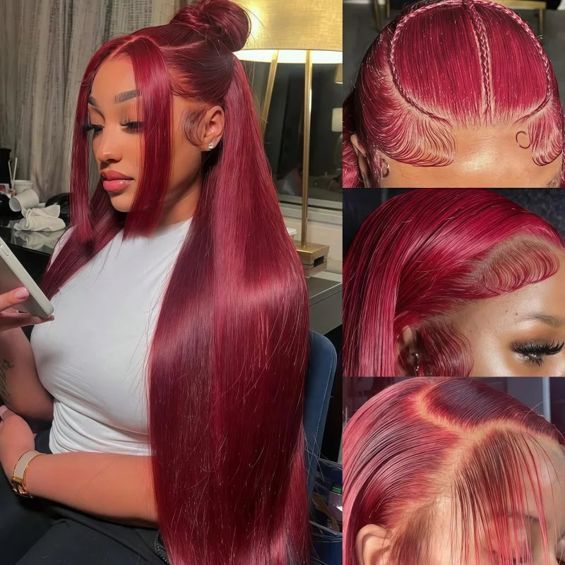 34 Inch 99J Burgundy Straight Brazilian Human Hair Wig 13x4 HD Transparent Lace Frontal Wig Pre Plucked Natural Hairline For Women