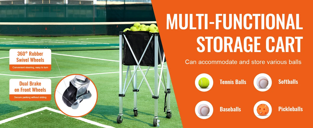 SucceBuy Foldable Tennis Ball Cart Holds 150/180 Tennis Balls Basket Hopper with Wheels for Sports Teaching Baseball Trolley