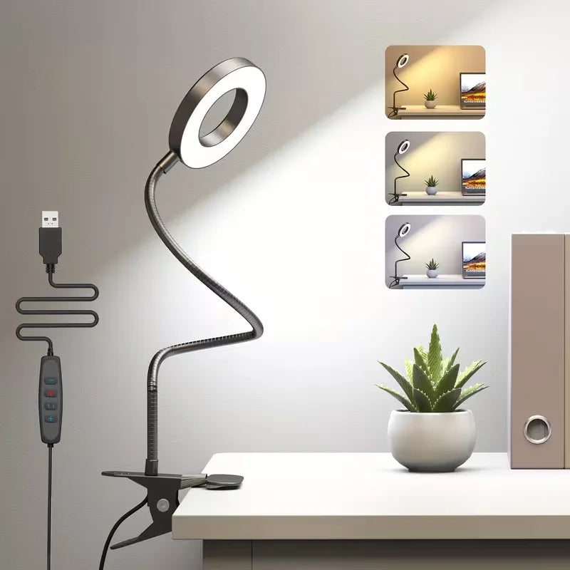 LED Clip-On Magnifying Desk Lamp 5X, USB Dimmable Gooseneck Magnifier Light with 3 Colors