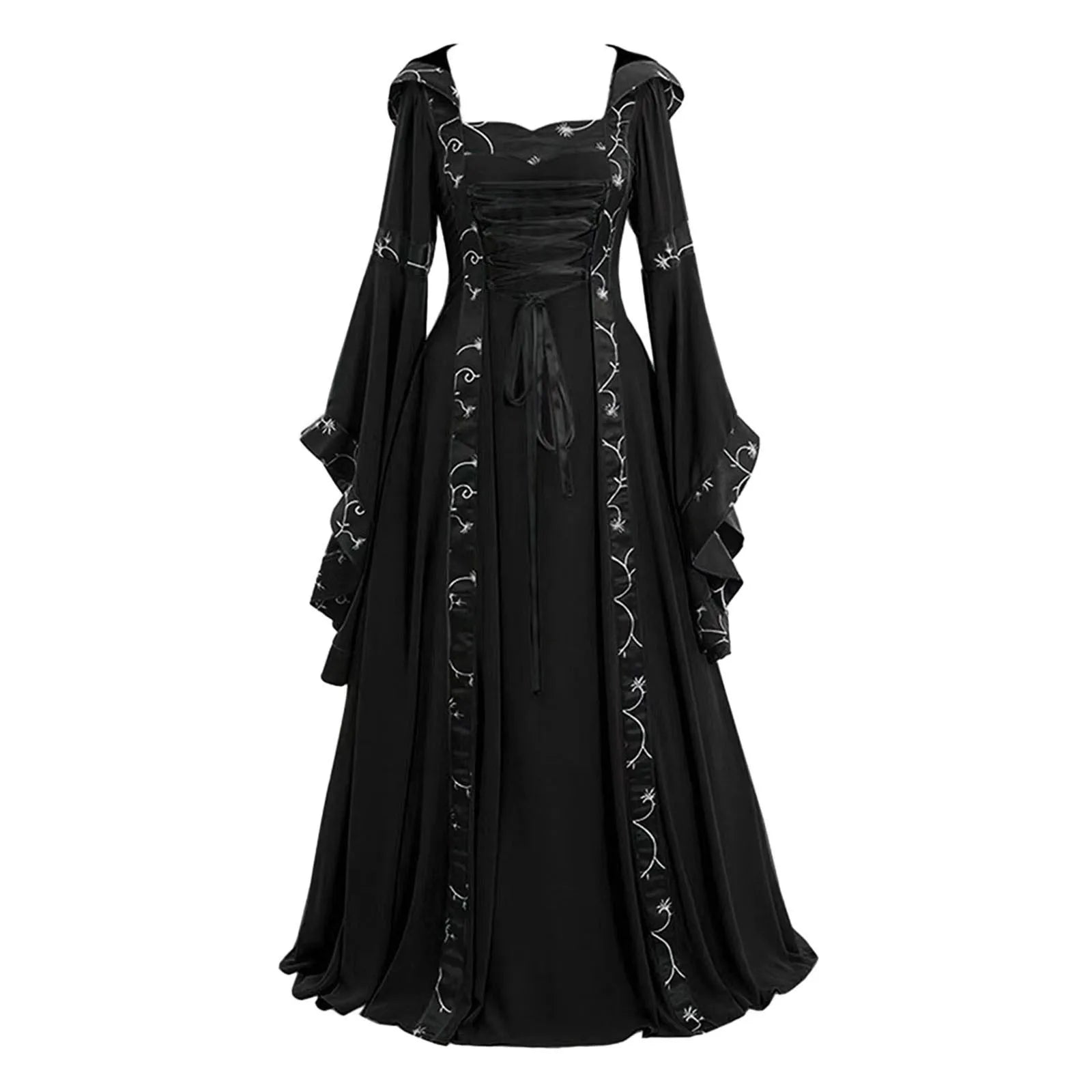 Vintage Medieval Dress Gothic Cosplay Women'S Dress Halloween Costume Victorian Court Bandage Flare Sleeve Floor Length Dress