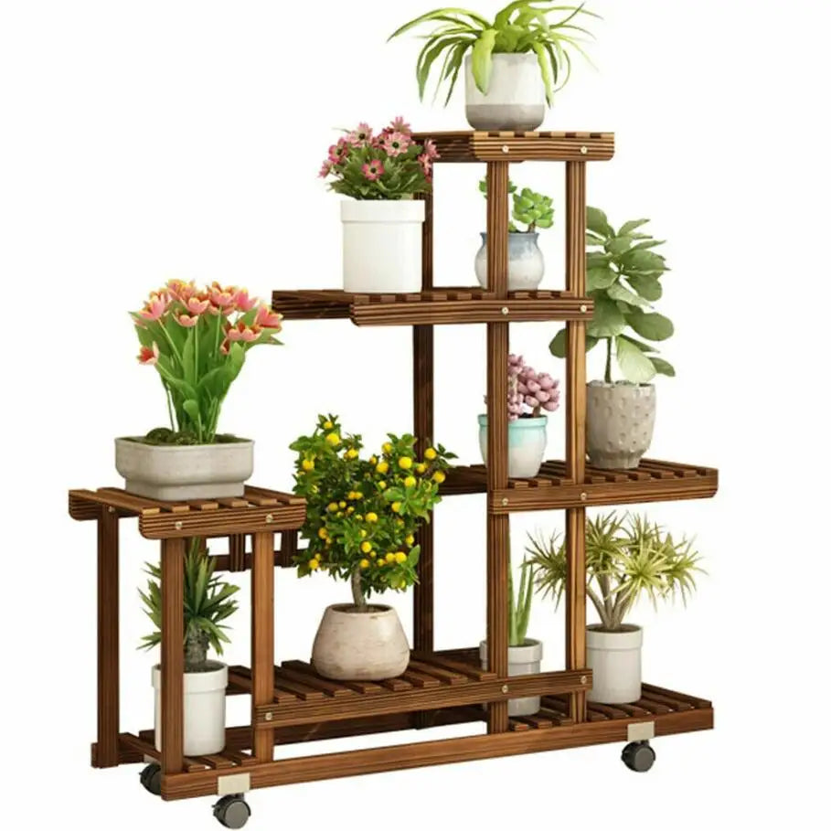 Rolling Multi-Layer Wood Plant Stand with Wheels
