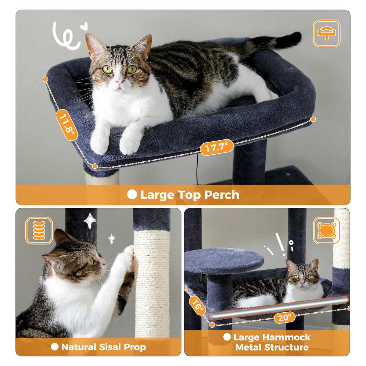 Cat Tree for Indoor Cats 5-Level Cat Tower for Large Cats with Large Hammock Sisal Covered Scratching Posts Cozy Condo Top Perch