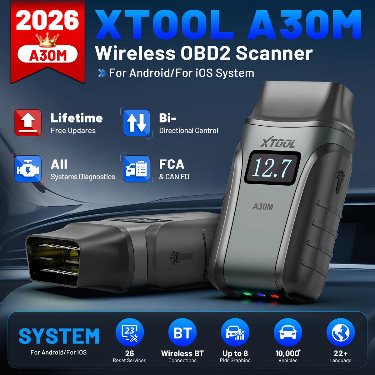 A30M V2.0 All System Car Diagnostic Tools Bluetooth OBD2 Scanner Active Test 26+ Reset CAN FD
