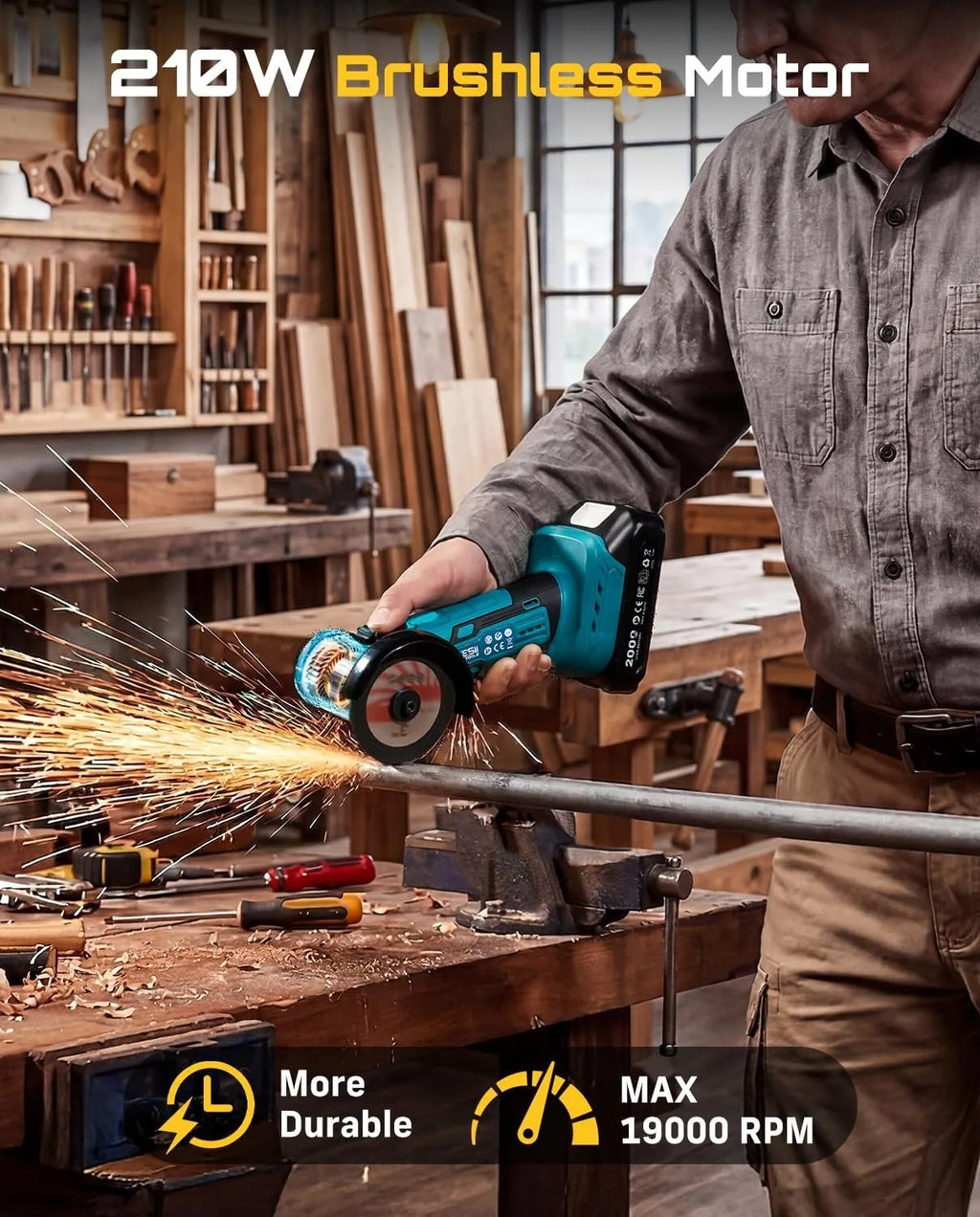 SEESII 3 Inch Brushless Angle Grinder 19000 RPM with 2pcs 21V 2.0Ah Batteries Cordless Mini Angle Grinder 7pcs Cutting Discs 210W Power Electric Grinder Tool for Metal Wood Polishing Rust Removal Repair Tool
