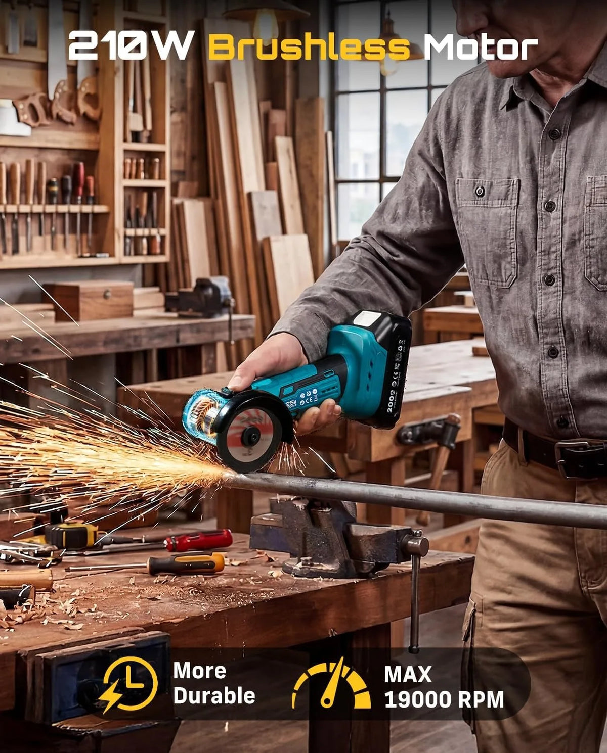 SEESII 3 Inch Brushless Angle Grinder 19000 RPM with 2pcs 21V 2.0Ah Batteries Cordless Mini Angle Grinder 7pcs Cutting Discs 210W Power Electric Grinder Tool for Metal Wood Polishing Rust Removal Repair Tool