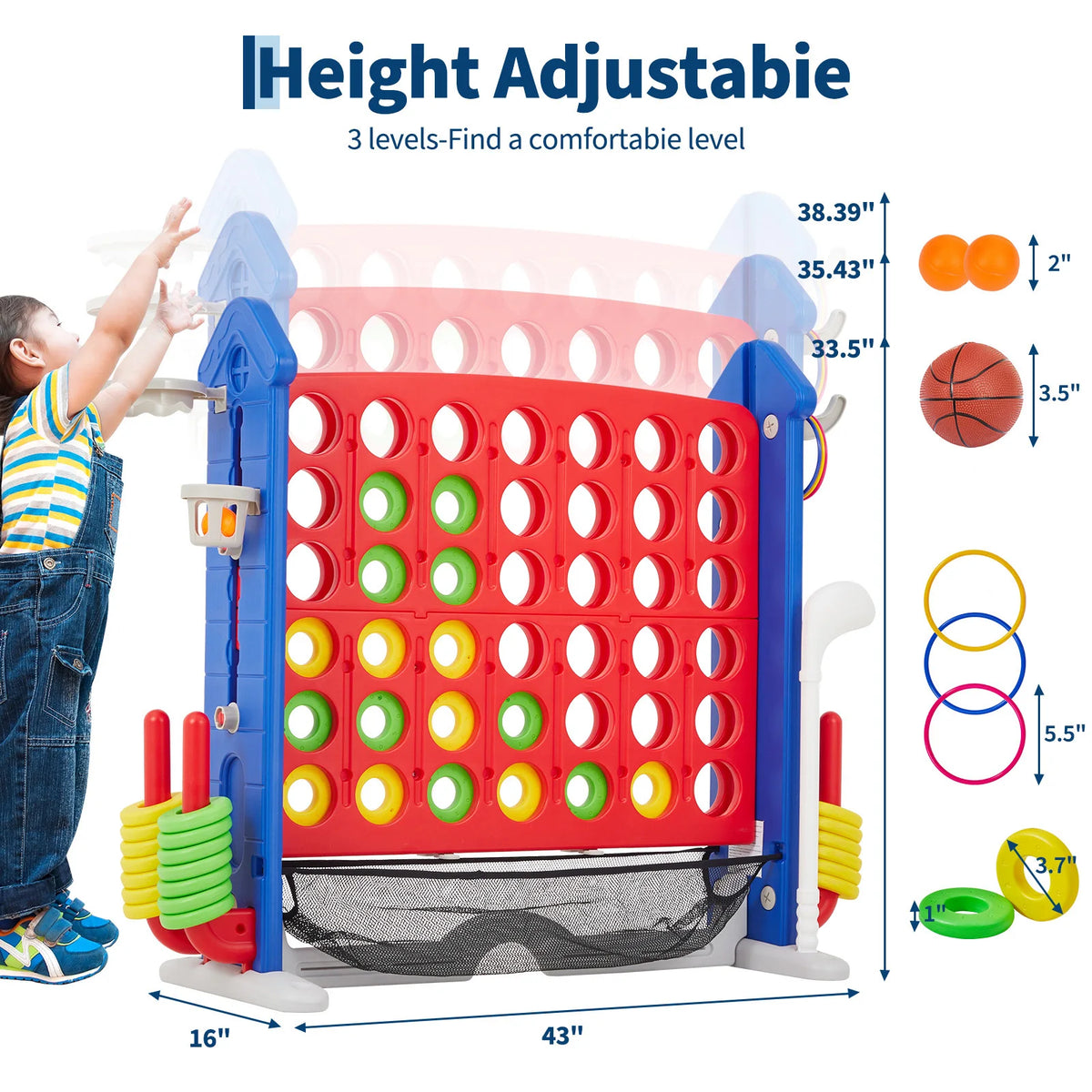 4-in-1 Giant Connect Game Set Adjustable Height, Basketball Hoop, Ring Toss and Net Jumbo Outdoor Yard Game for Families Events