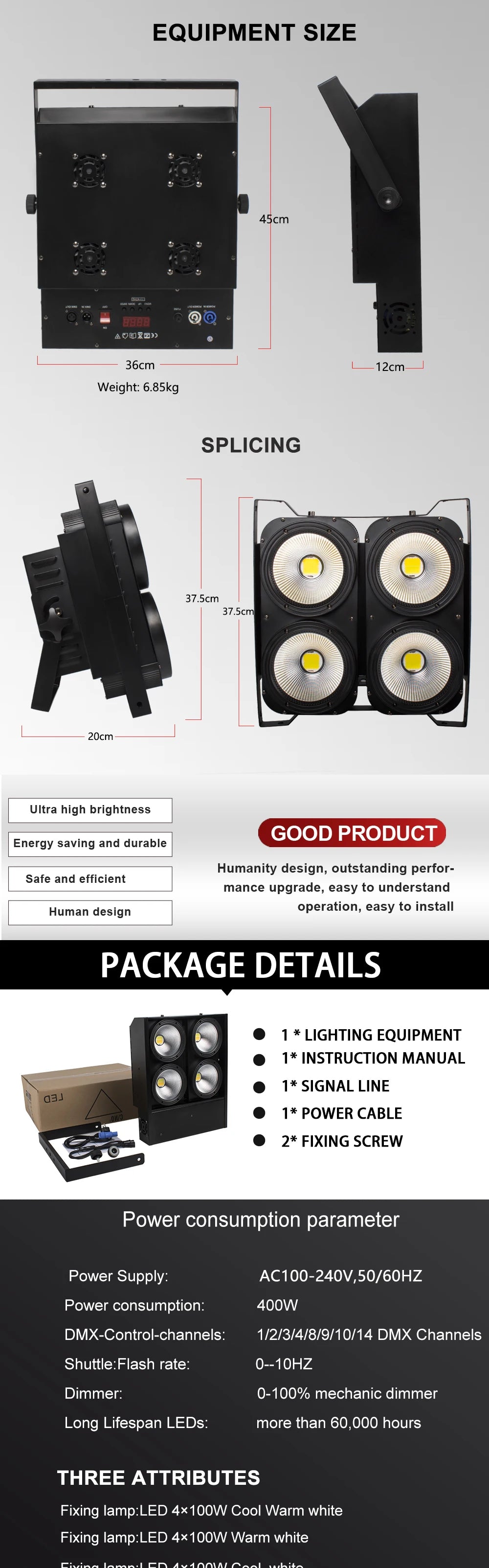 SHEHDS 4x100W 4 Eyes/200W 1Eye /2 Eyes LED Blinder Lights COB Cool And Warm White  For Dj Disco Party Stage