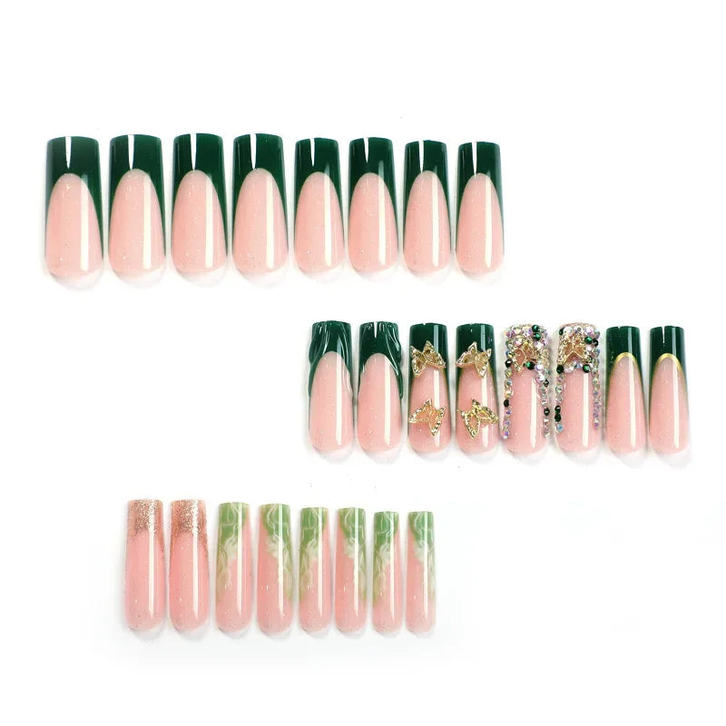 24Pcs Green French Golden Butterfly Square Press On Nails,Reusable Removable,For Daily Wear,High Quality Nail Art
