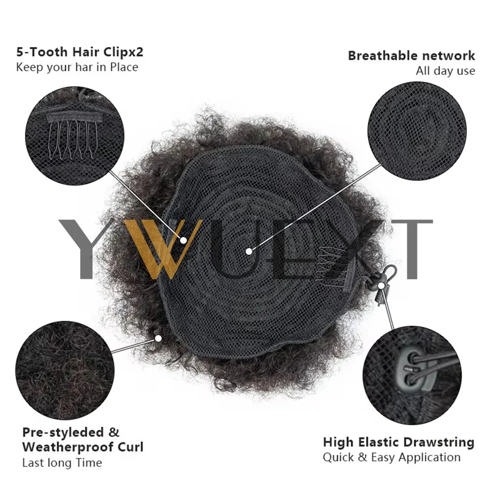 Kinky Curly Afro Puff Drawstring Ponytail, Human Hair