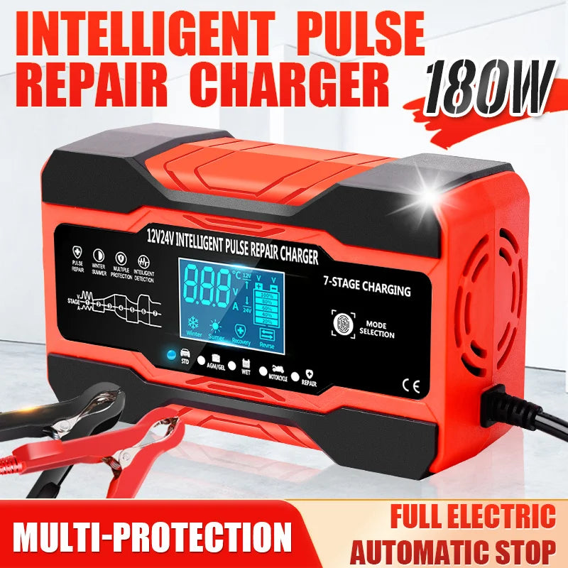 12V-24V 7-stage smart Car Battery-Charger Full Automatic 10A Digital Car Battery Charger  Pulse Repair for AGM GEL WET Lead Acid