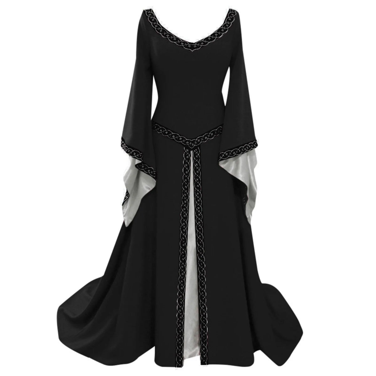 Medieval Vintage Long Dress, Flare Sleeve V Neck Floor Length Gown for Vampire Cosplay and Halloween Costumes