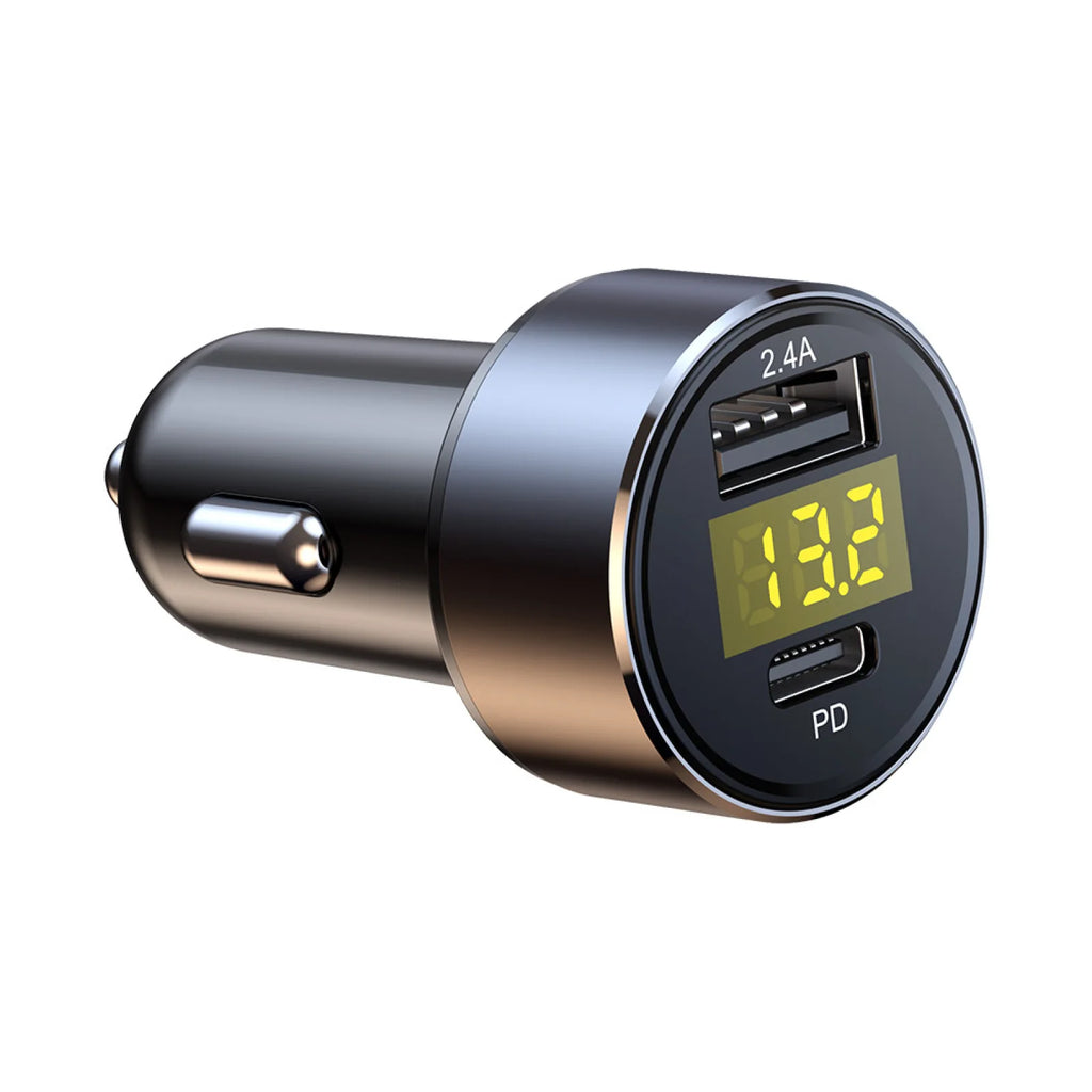 Car Charger Dual USB 18W PD Quick Charge LED Voltmeter Display Aluminum Alloy 12V-24V Fast Charging Adapter for Phone Tablet GPS