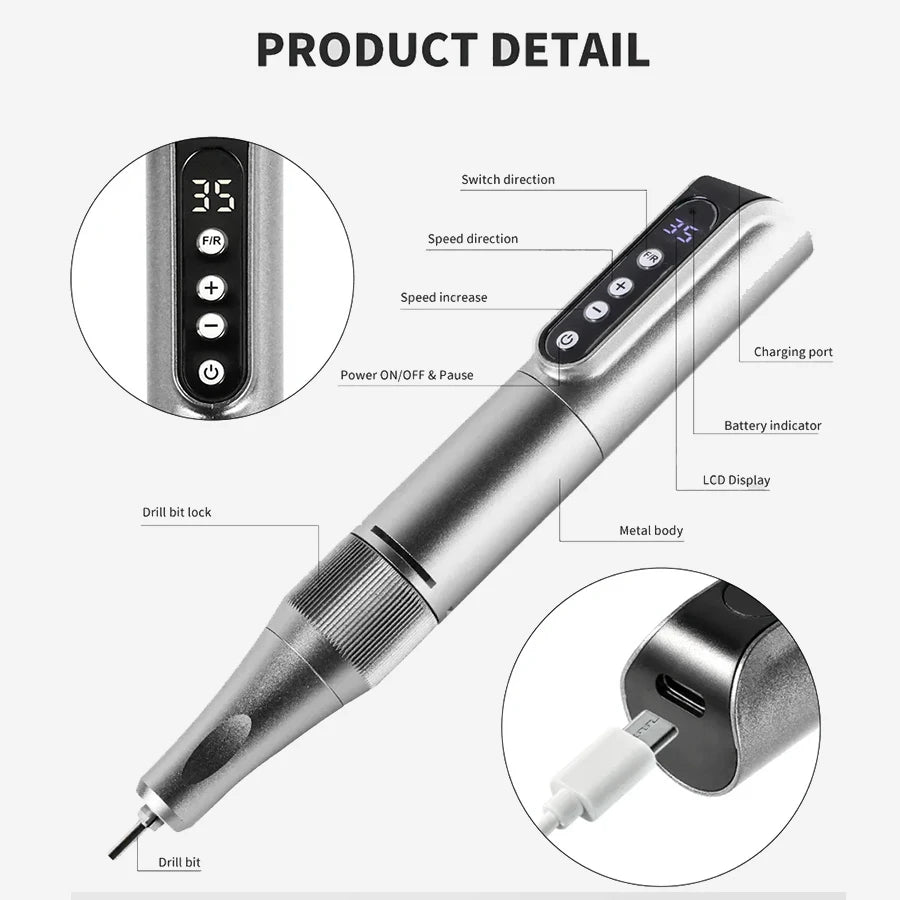 Portable Electric Nail Drill, USB Powered, Professional Electric Nail File Kit, Suitable For Acrylic & Gel Nails - Easy Manicure & Polishing - Efficient & Easy-To-Use Nail Care Tool, Nail Polishing & Shaping Tool, Suitable Fo