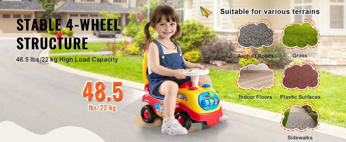 Toddler Ride-On Push Car with Music, Steering Wheel and Under-Seat Storage
