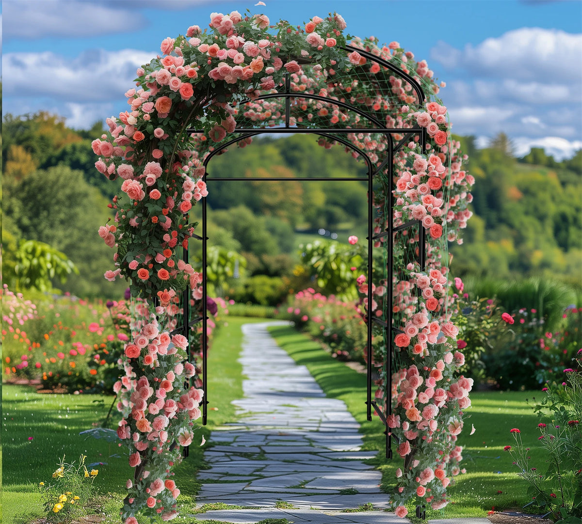 U-Shaped Garden Cucumber Trellis for Climbing Plants Support Frame with Nylon Netting and Spikes Metal Garden Trellis Arch