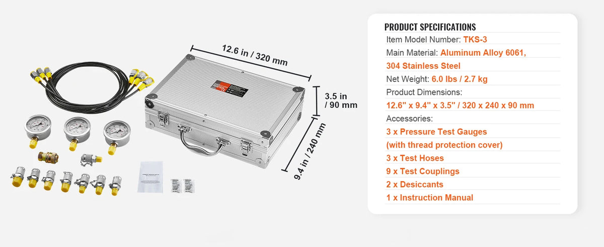 Hydraulic Pressure Test Kit with Gauges and Carrying Case for Excavators and Tractors