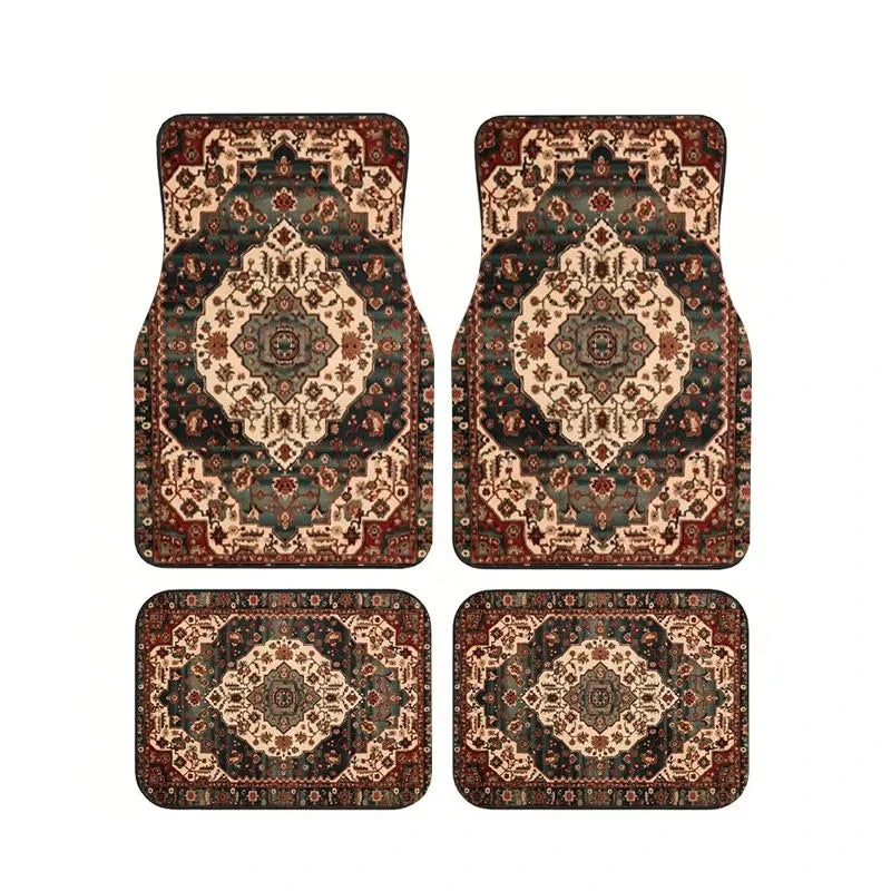 Red Bohemian Paisley Car Floor Mats, 4-Piece Universal Anti-Slip Auto Carpet Set