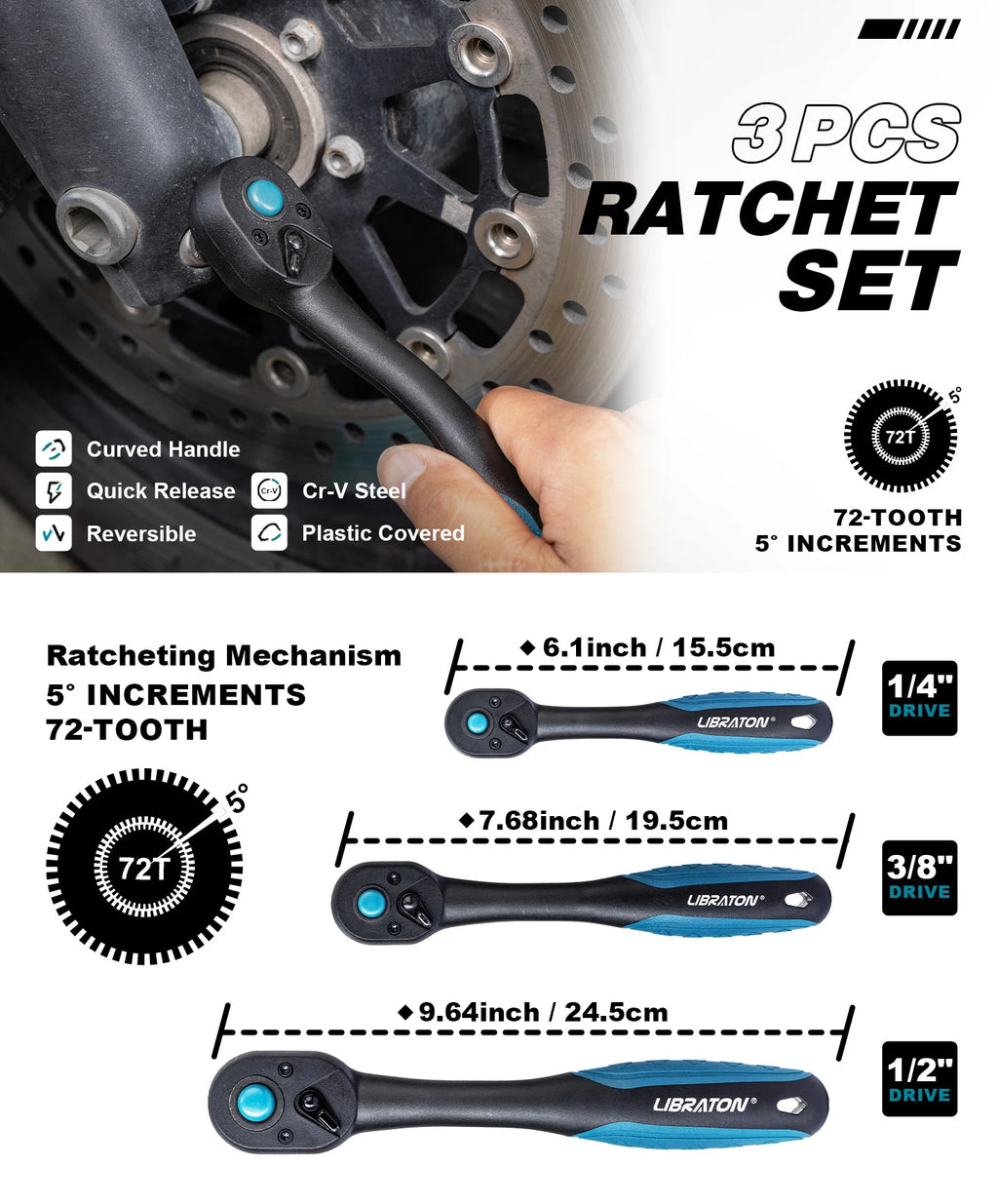Reversible Ratchet Wrench Set, 1/4", 3/8", 1/2" (3 Pieces)