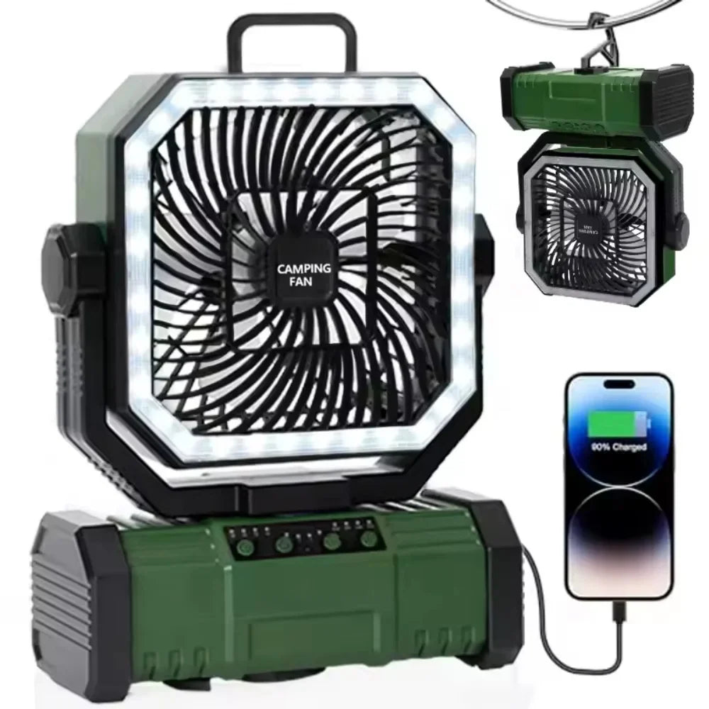 2026 New 20000mAh Battery Powered Fan Camping Fan with 360° Rotation Hanging Hook for Fishing Tents Desk Rechargeable Camping Ceiling Fan