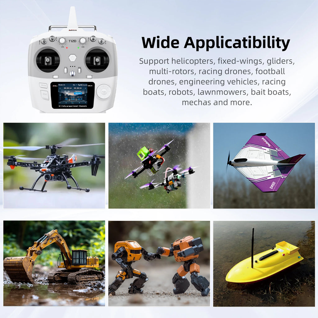 RadioLink T12D JR Module 12CH 2.4GHz RC Transmitter & R12F 8 Programmable Mix FHSS 50 Models 4KM for FPV Fixed Drone Car Boat