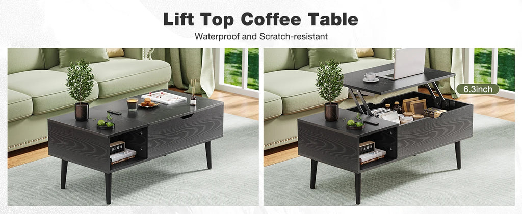 Lift-Top Coffee Table with Hidden Storage Shelf, 39 x 20 Inch