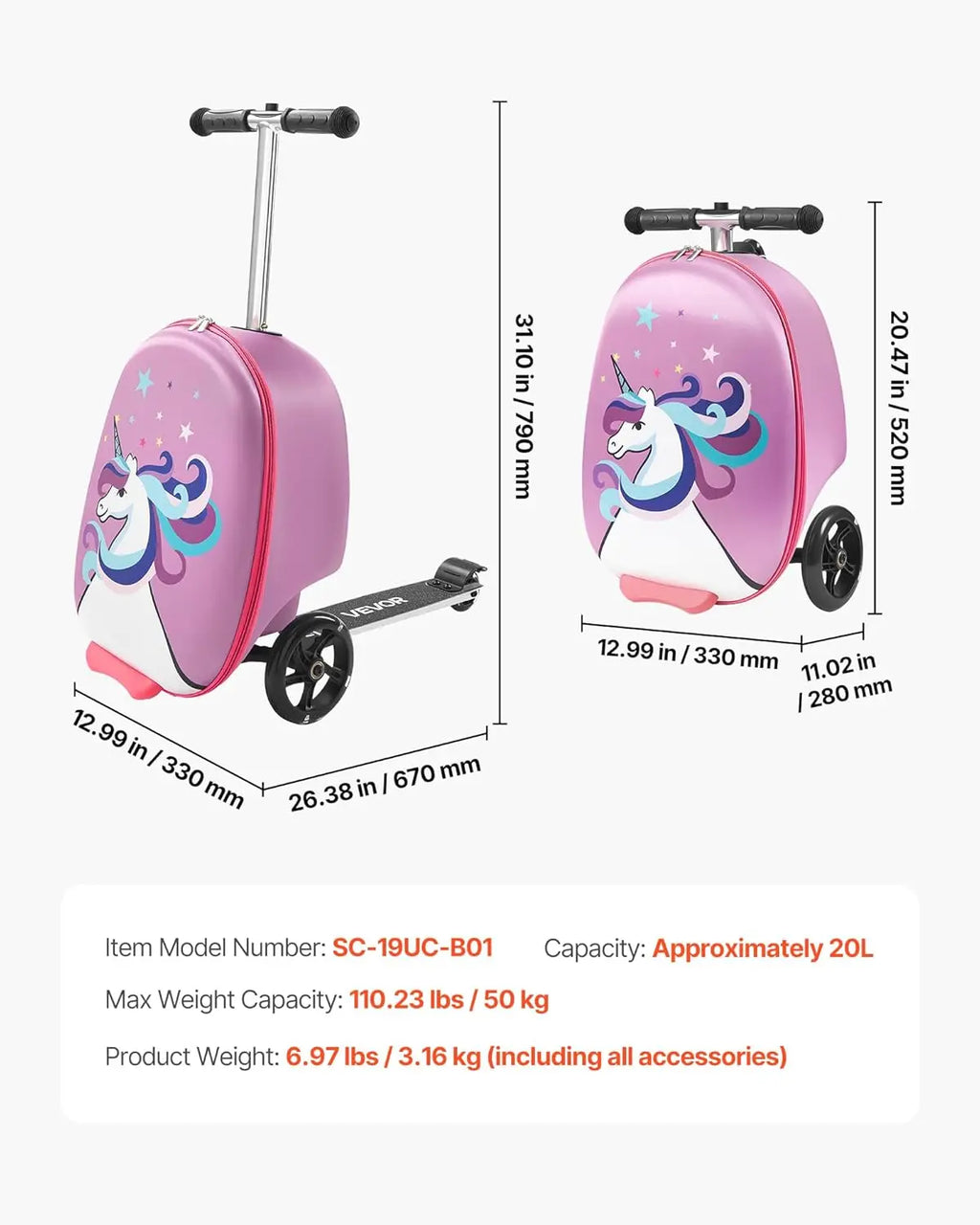 20L 20 Inch Purple Kids Ride-on Luggage Scooter Suitcase Flash PU Wheels Adjustable Handle TPR Grip Foldable for 5+ Kids Travel