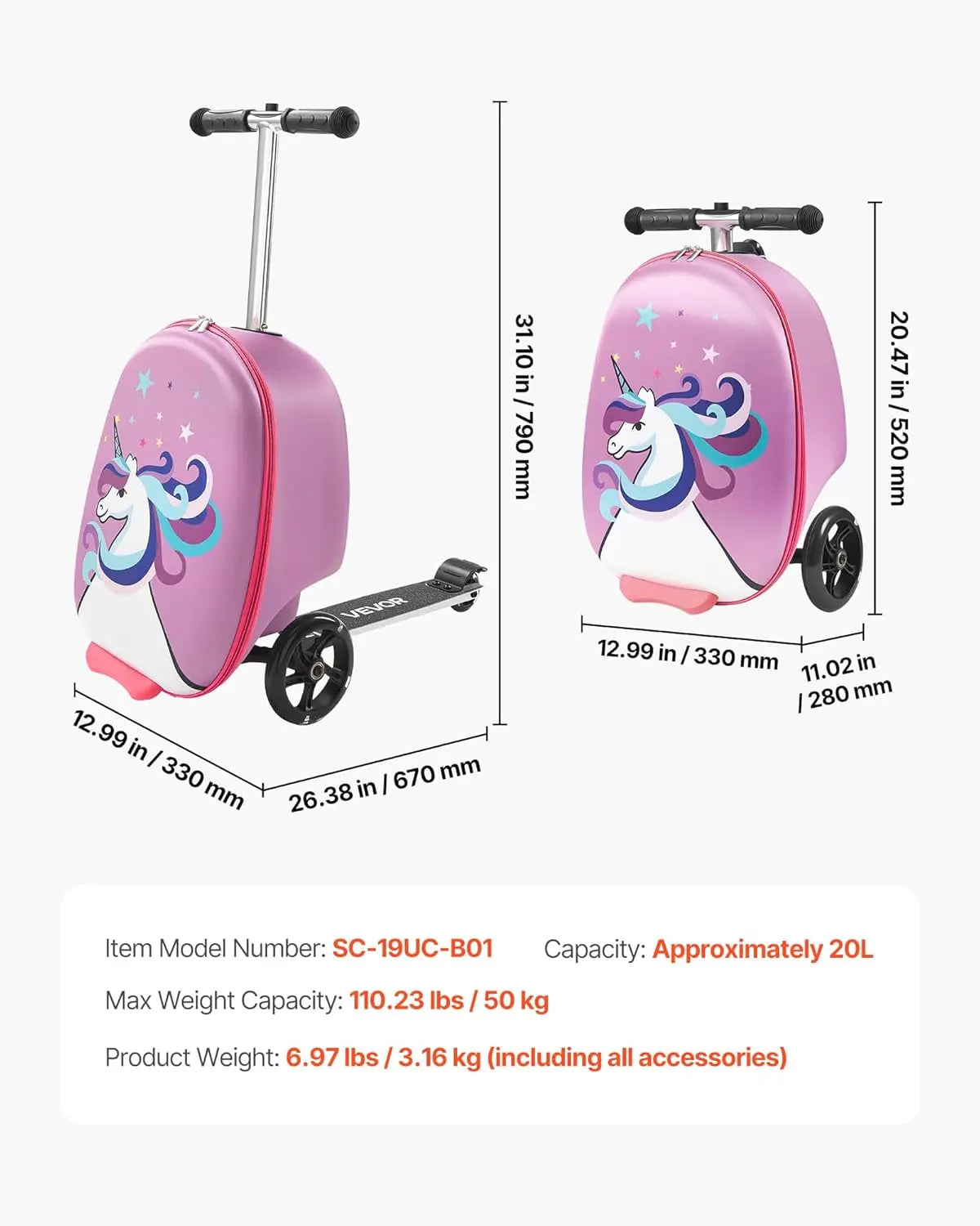 20L 20 Inch Purple Kids Ride-on Luggage Scooter Suitcase Flash PU Wheels Adjustable Handle TPR Grip Foldable for 5+ Kids Travel