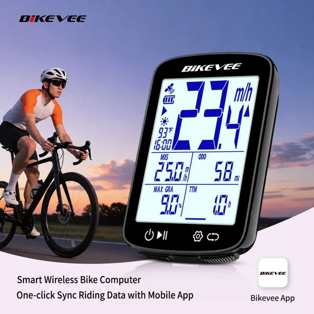 Bikevee 2.4-inch Professional Wireless Bluetooth Bicycle Computer MPH KM/H USB Rechargeable Multifunctional GPS Bike Speedometer Odometer with Auto Start/Stop Backlight Outdoor Riding Accessories Connect BIKEVEE APP