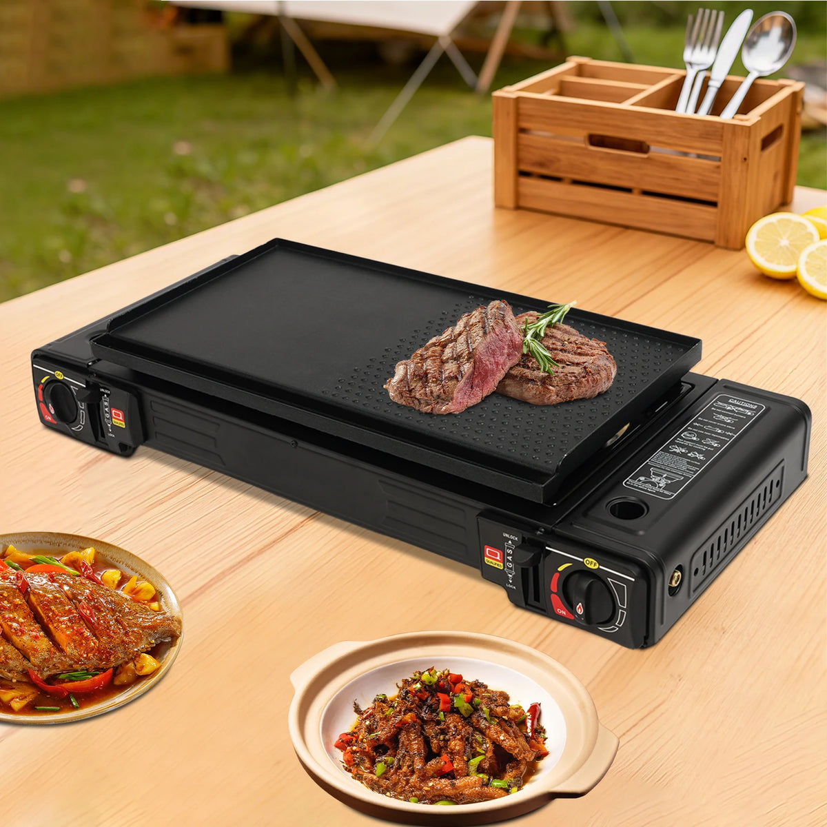 Portable 2-Burner Camping Stove 2.5kW with Auto Ignition, Baking Tray and Carry Case