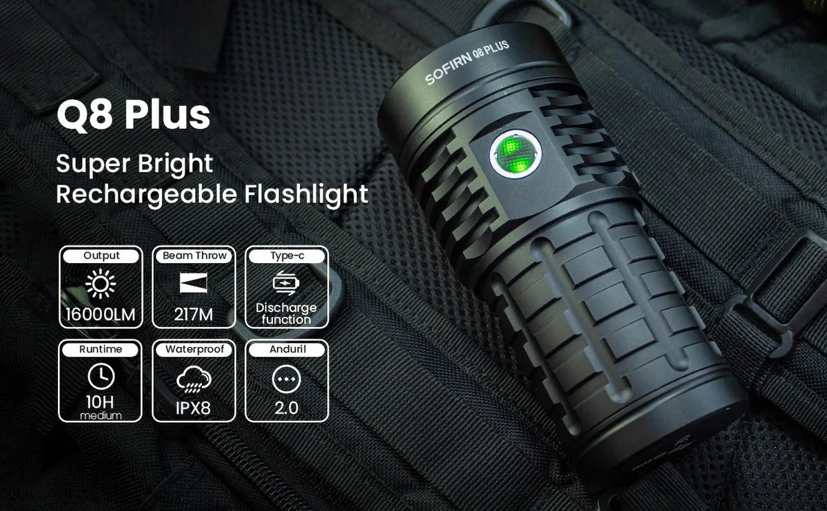 Q8 Plus Super Powerful LED Flashlight 16000lm USB C Rechargeable 21700 Anduril 2.0 Torch XHP50B Reverse Charging